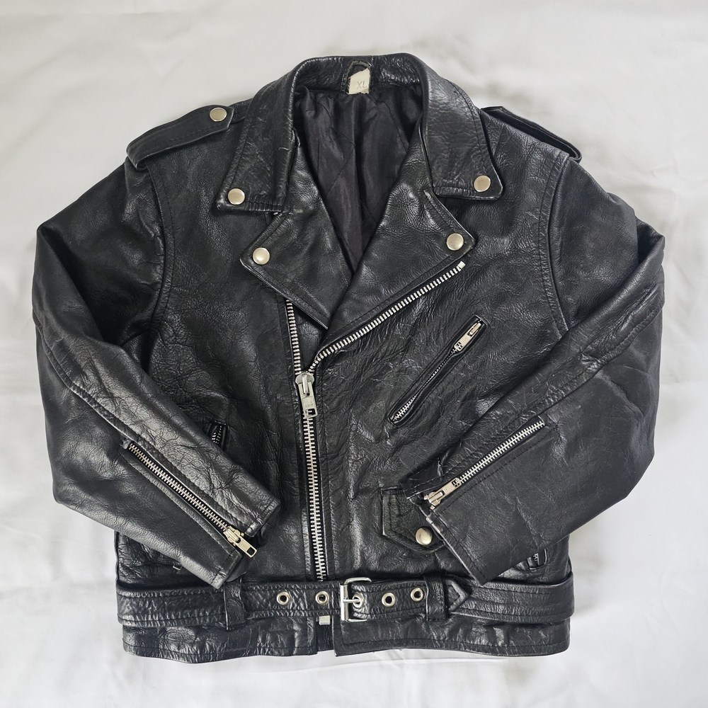 Kids Black Real Vintage Leather Biker Jacket XL Distressed